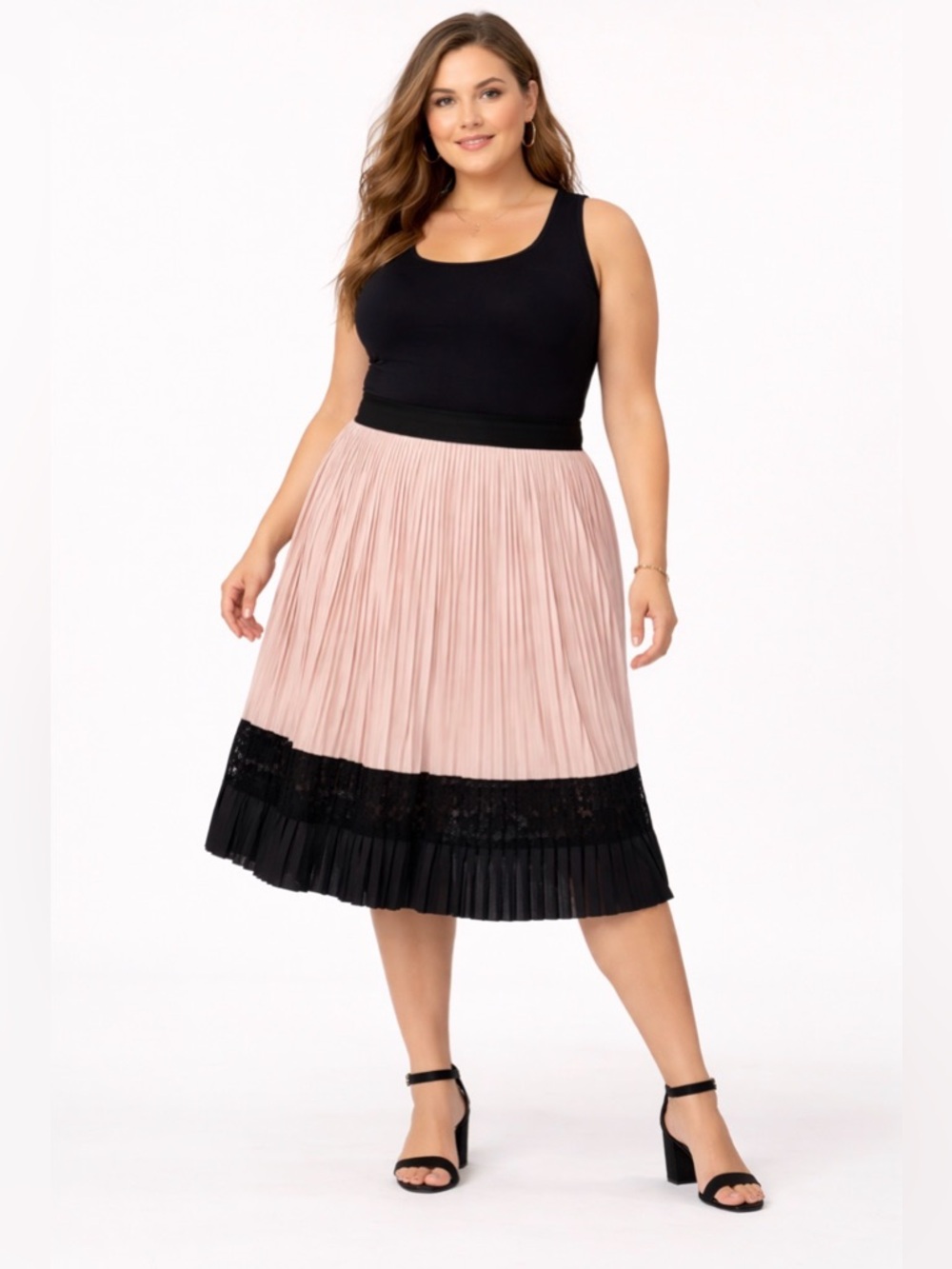 Lane Bryant Two-Tone Pleated Midi Skirt in Blush and Black